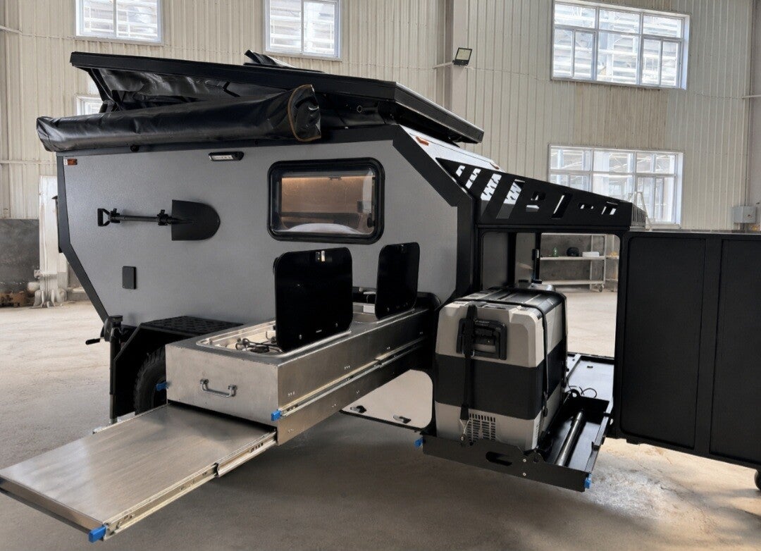 Slide-out kitchen extended from the camper